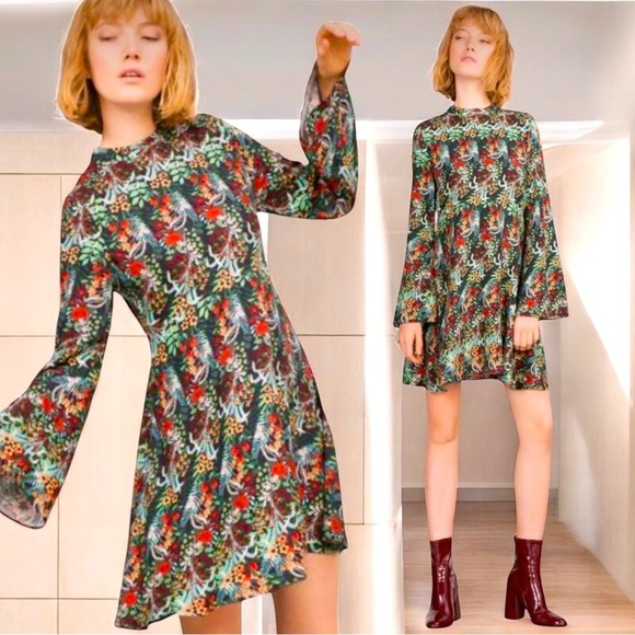 Zara Basic Floral Jersey Knit Bell Sleeve Dress size XS - Picture 1 of 11